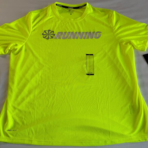 Nike Men’s Dri-Fit Running Performance Shirt – Volt Neon Yellow – Size Large NEW - Picture 1 of 14